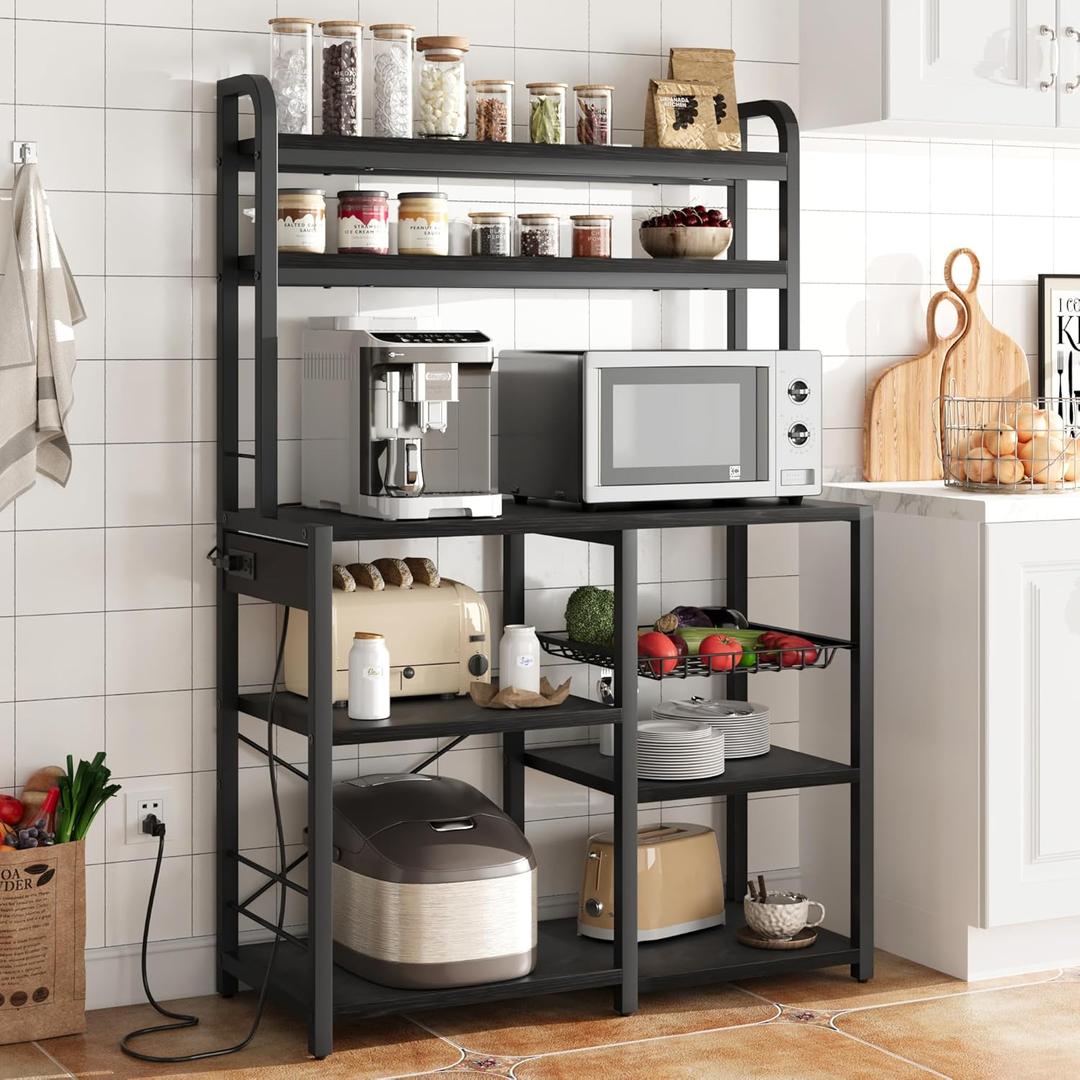 Bakers Rack with Power Outlet, 5-Tier Microwave Stand with Wire Basket, Coffee Bar Station, Kitchen Open Storage Shelves for Spices, Dishes, Black
