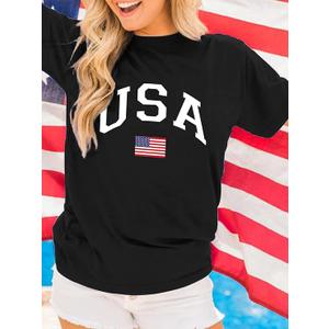 Women Distressed American Flag Graphic Shirt USA Stars Stripes Patriotic Short Sleeve Top, L