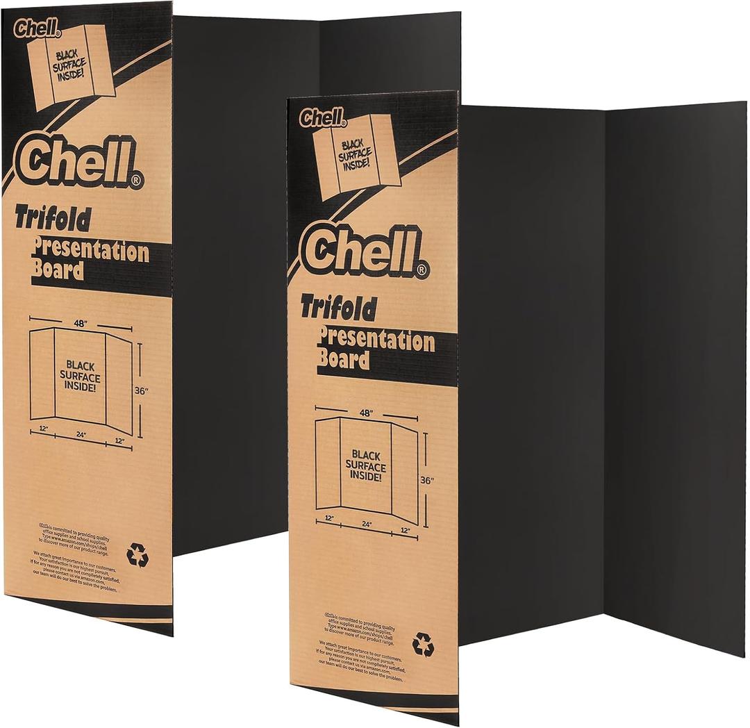 Chell 36" x 48" Large Trifold Poster Board, 2 Pack, Black Corrugated Project Boards for Science Fair, School Projects, Event Displays and Business Presentations