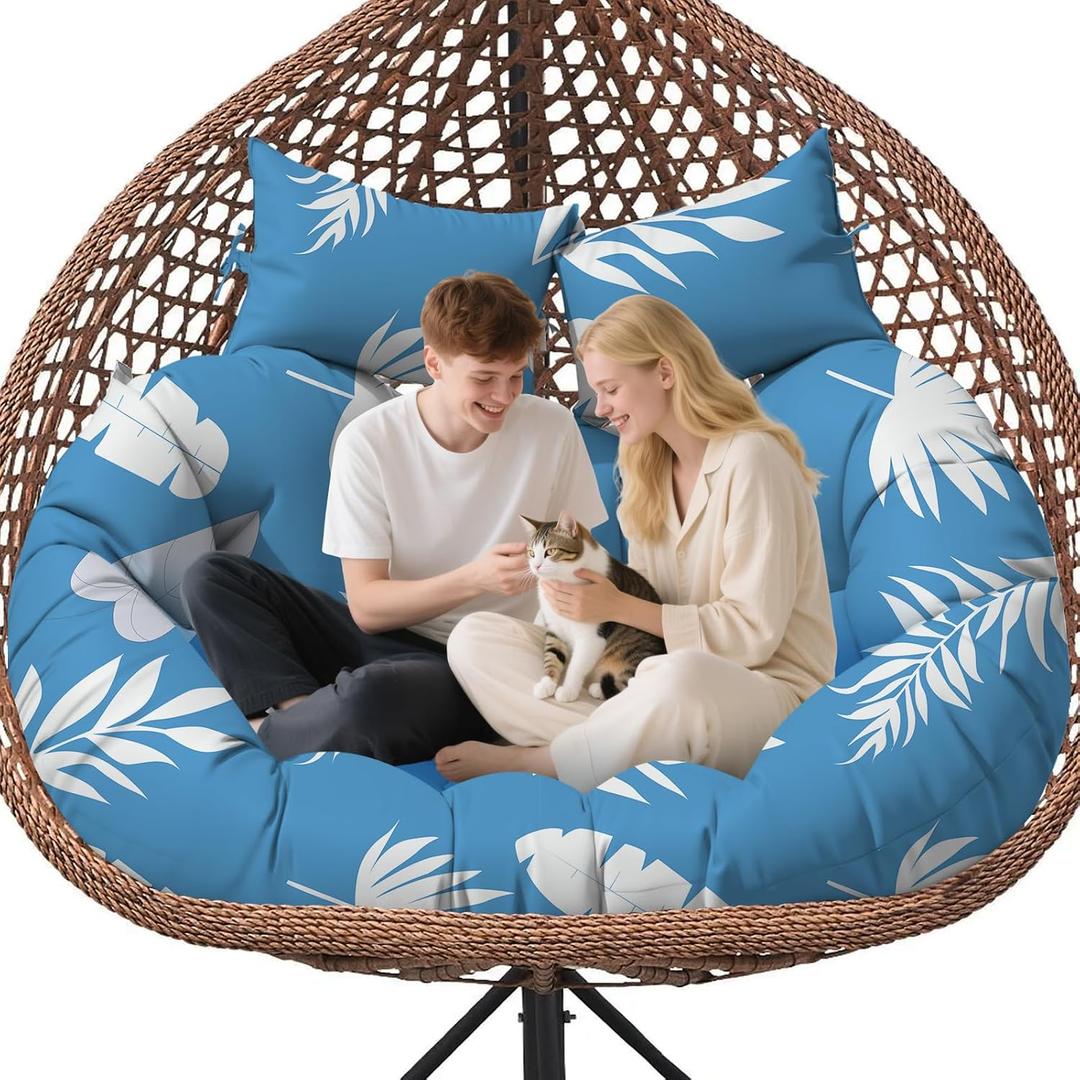 Double Egg Chair Cushion Replacement Waterproof for Outdoor Patio Hanging Basket Egg Chairs, 59x43-Inch Thickened 100% Cotton Large Double Eggs Swing Chair Cushions, Blue