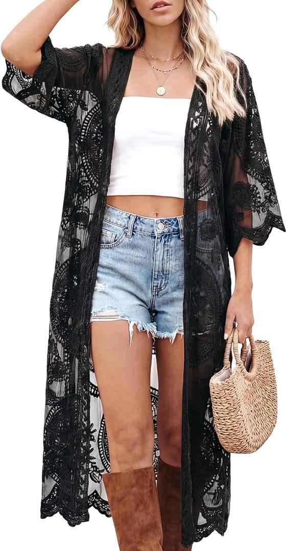 Kimonos for Women Lace Cardigan Swimsuit Cover up Summer Kimono Cardigan Open Front Sheer Long Boho Coverup (Black, One Size)