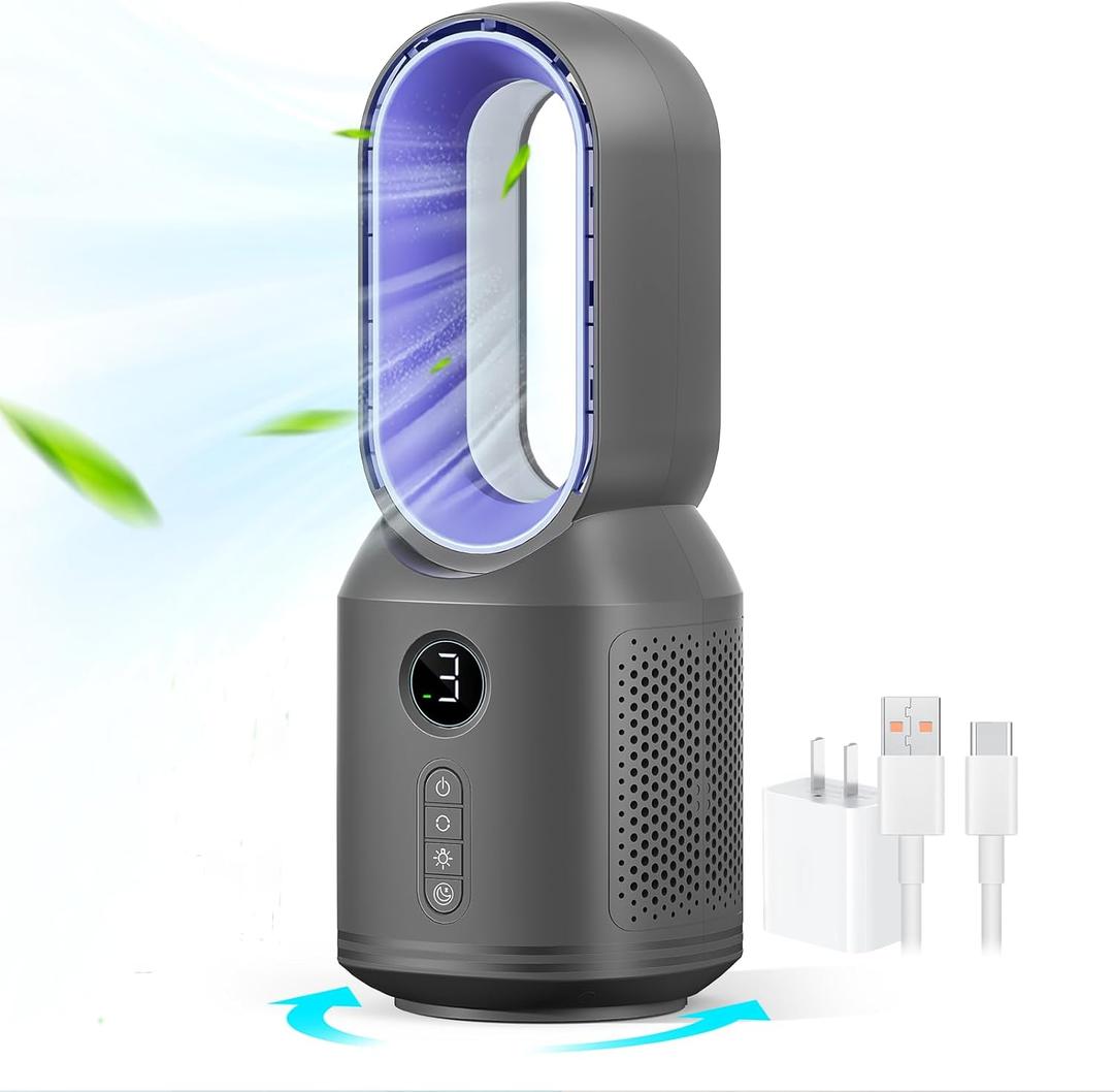 Desk Fan,13 Inch Portable Bladeless Fan, Small Quiet Office Fan with 106 Oscillating, 3 Speeds & Night light, LED Display, Button Control, Personal Table Fan for Bedroom, Office, Home, Study Room (Grey)