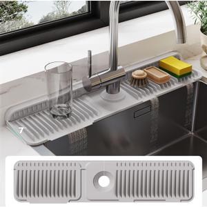 24 Inch Silicone Faucet Mat for Kitchen Sink Splash Guard - 7 Slope Water Draining Mat With Fasten Button for Bathroom Area (Gray, 24''x5.5'')