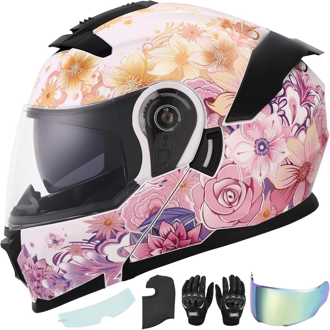 OUMURS Pink Modular Motorcycle Helmets Full Face Flip up Street Bike Motorcycle Helmet for Unisex Adult Flower Sea - M