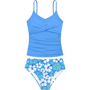 Girls Swimsuit 2 Piece Bathing Suit Criss Cross Ruched Girl Tankini Sets Printed Girls' Swimwear for 9-18 Years (13-14 Years)