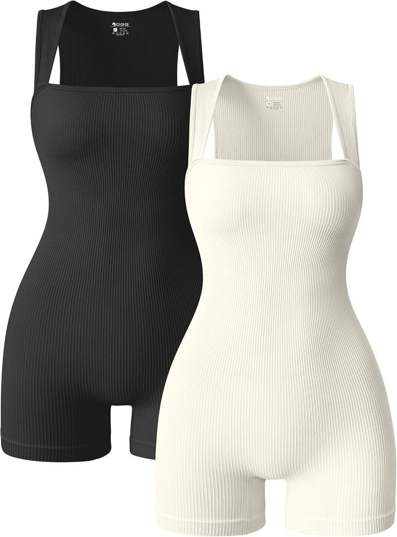 OQQ Women 2 Piece Rompers Yoga Stretch Strappy Square Neck Sleeveless Exercise Rompers Black Beige, X-Large