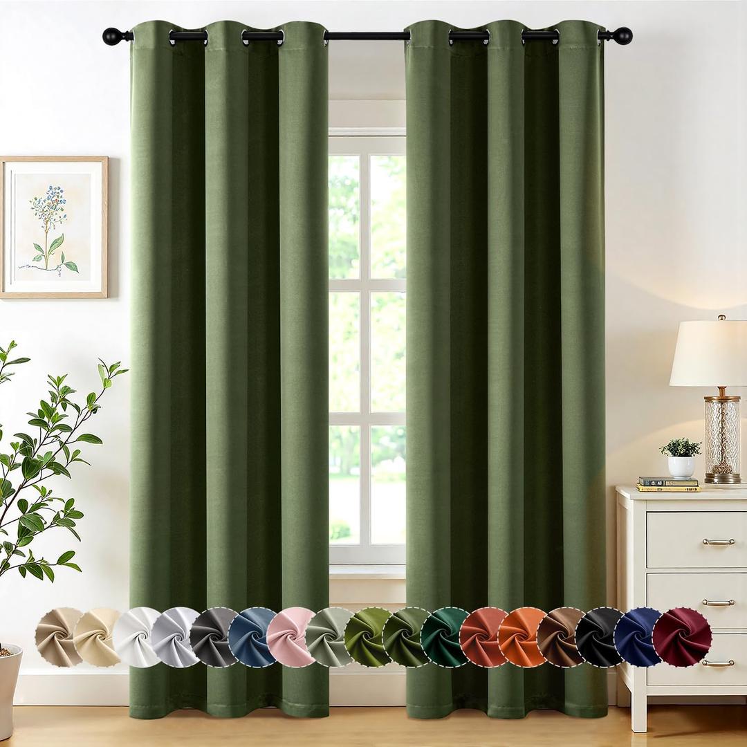 MIULEE Olive Green Blackout Curtains for Bedroom Living Room 72 Inches Long 2 Panels, Thermal Insulated Room Darkening Drapes Solid Grommet Top Noise Reducing Dark Green Window Curtains W40 x L72 Inch