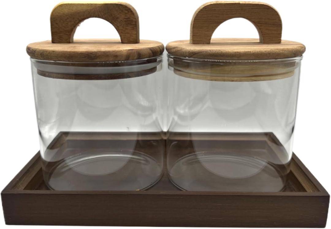 Glass Storage Jars with Airtight Brown Acacia Wooden Lid 23oz 2Pack with Vanity Tray,Kitchen Canisters for Foods with Wood Handle,Containers for Bathroom Decor