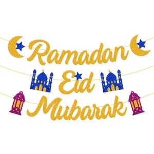 Ramadan Eid Mubarak Banner Ramadan Decorations Ramadan Kareem Eid Mubarak Theme Garland Moon Star Lantern Dcor Glitter Gold Party Supplies