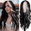 Long Wavy Black White Wigs for Women 26 Inch Middle Part Curly Wavy Wig Natural Looking Synthetic Heat Resistant Fiber Wig for Daily Party Use