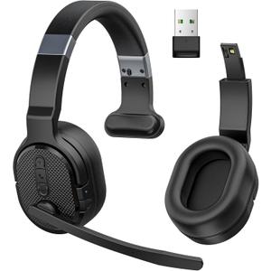 COSMUSIS Trucker Bluetooth Headset with Dongle, Wireless Headsets with Noise Cancelling Microphone, 50+Hrs HD Talktime Bluetooth Headphones with Detachable Earpad/Single+Dual Mode for Office/Driving (Onyx Black)