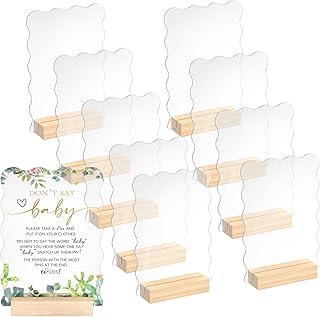 10 Pack 5x7 Inch Scalloped Acrylic Sign Blank Acrylic Sheets with Wood Base Clear Table Numbers for DIY Name Card Gifts Wedding Table Sign Event Party Decoration
