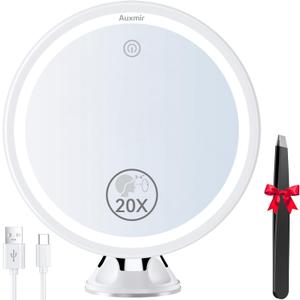 20X Magnifying Mirror with Light, Lighted Makeup Mirror with Magnification, 8 Rechargeable Vanity Mirror with Power Suction Cup and Tweezers, 360 Swivel Portable for Home Travel Bathroom