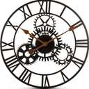 Bernhard Products Extra Large Wall Clock 20 Inch Decorative Wrought Iron, Silent Quartz Industrial Gears Black Rustic Metal Roman Numeral European Steampunk Cog Vintage Distressed Details, Battery