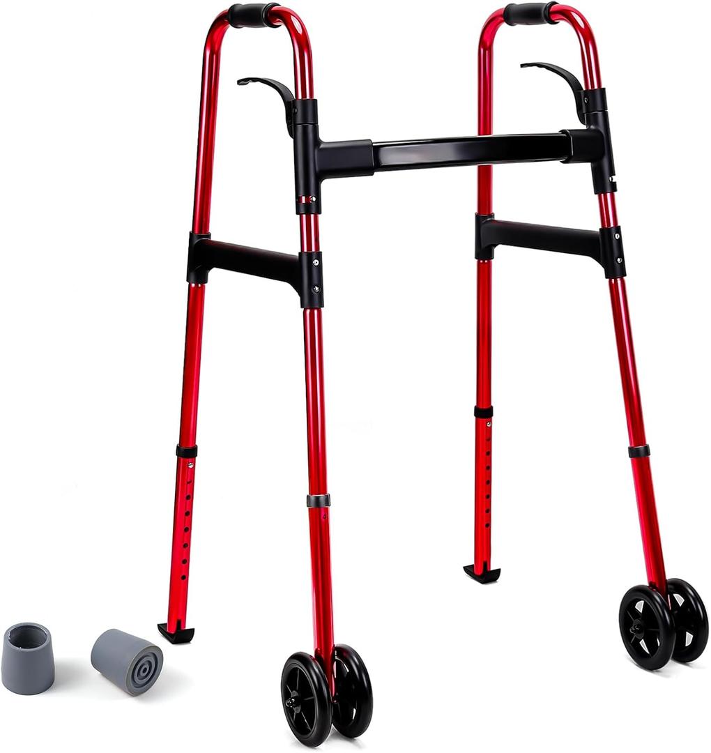 Folding Walker, Walker for Seniors Supports 500 lbs (Red,4 Wheels)