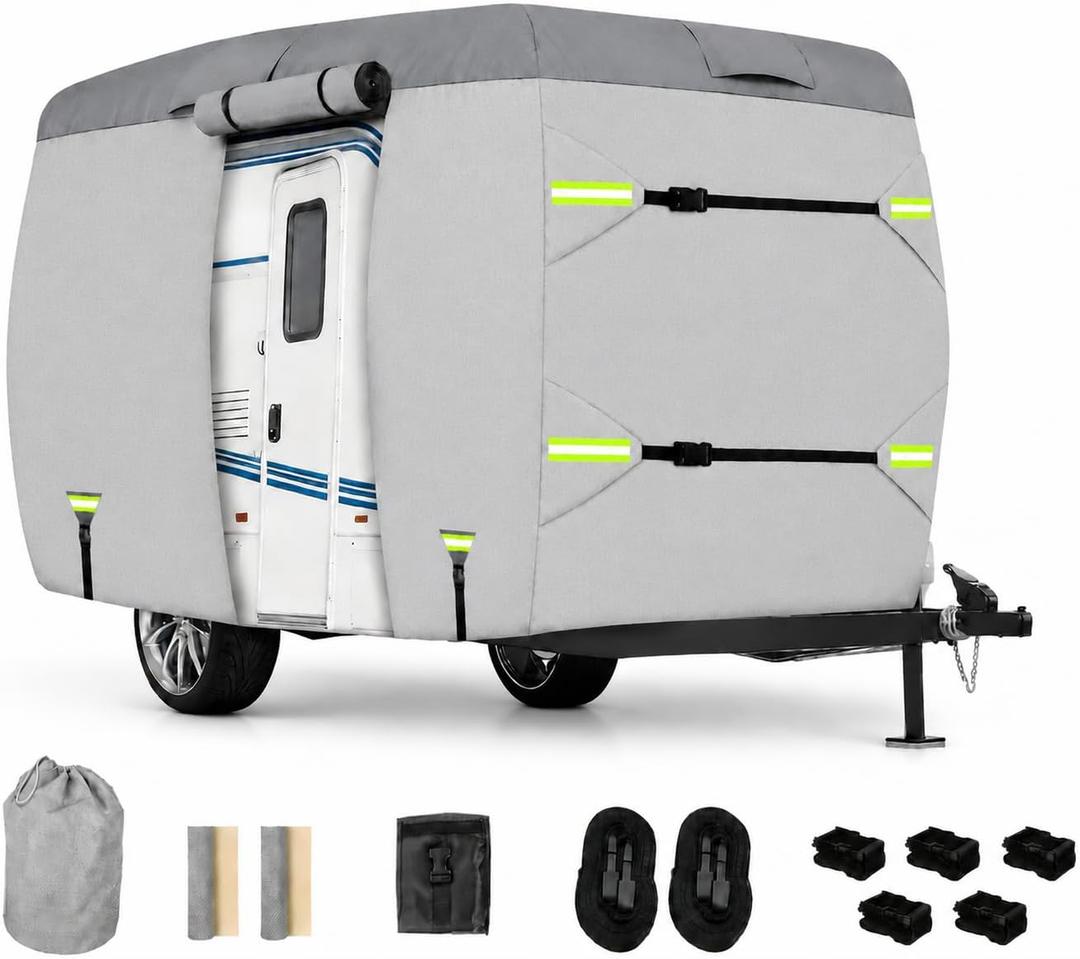 Fiberglass Travel Trailer Cover, Upgraded 7 Layers Top Fits 13 to 16 Feet Trailers, Waterproof Camper Cover, RV Cover with Extra Windproof Ropes, Adhesive Repair Patche