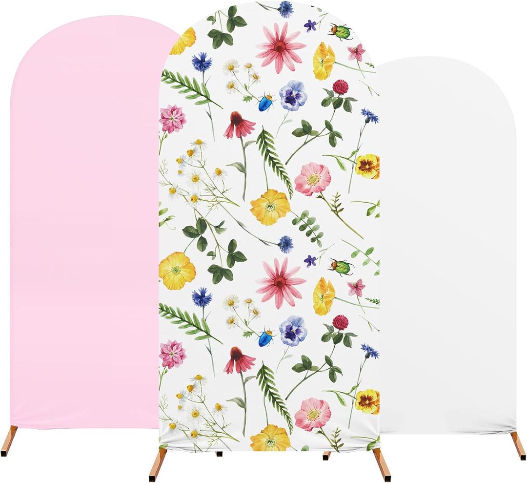 Set of 3 Wildflowers Floral Wedding Arch Backdrop Covers, 4 5 6 ft Baby Shower Theme Birthday Party Decoration Spandex Wedding Arch Stand Covers for Party Birthday