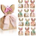 Affrolling 24 Set Boho Bow Easter Bunny Party Favor Bags DIY Bunny Gift Boxes with Neutral Bow Ribbon and Dried Flowers Rustic Paper Rabbit Ears Treat Bags Bulk for Easter Spring (Neutral Pastel)