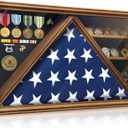 Large Military Shadow Box Display Case with HD Tempered Glass - Triangular Flag Case Fits 9.5x5' American Burial Flag, Removable Shelves for Coins, Backboard for Medals and Insignia, Walnut