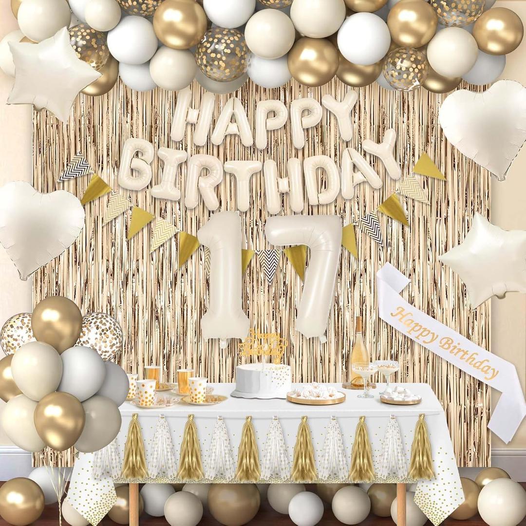 17th Birthday Decorations for Girls, White and Gold 17 Boho Birthday Party Supplies Includes Number Balloons, Banner, Fringe Curtain, Cake Topper