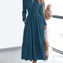 Women's Long Sleeve Maxi Dress with Pockets Spring Fall 2026 V-Neck Flowy Casual Wedding Guest Dress Elastic Waist (L)