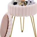 Wimarsbon Vanity Stool with Storage, Faux Fur Ottoman Chair with Metal Legs, Round Makeup Vanity Chair for Bedroom or Dressing Table, Modern Small Ottoman Seat (Champagne-1)