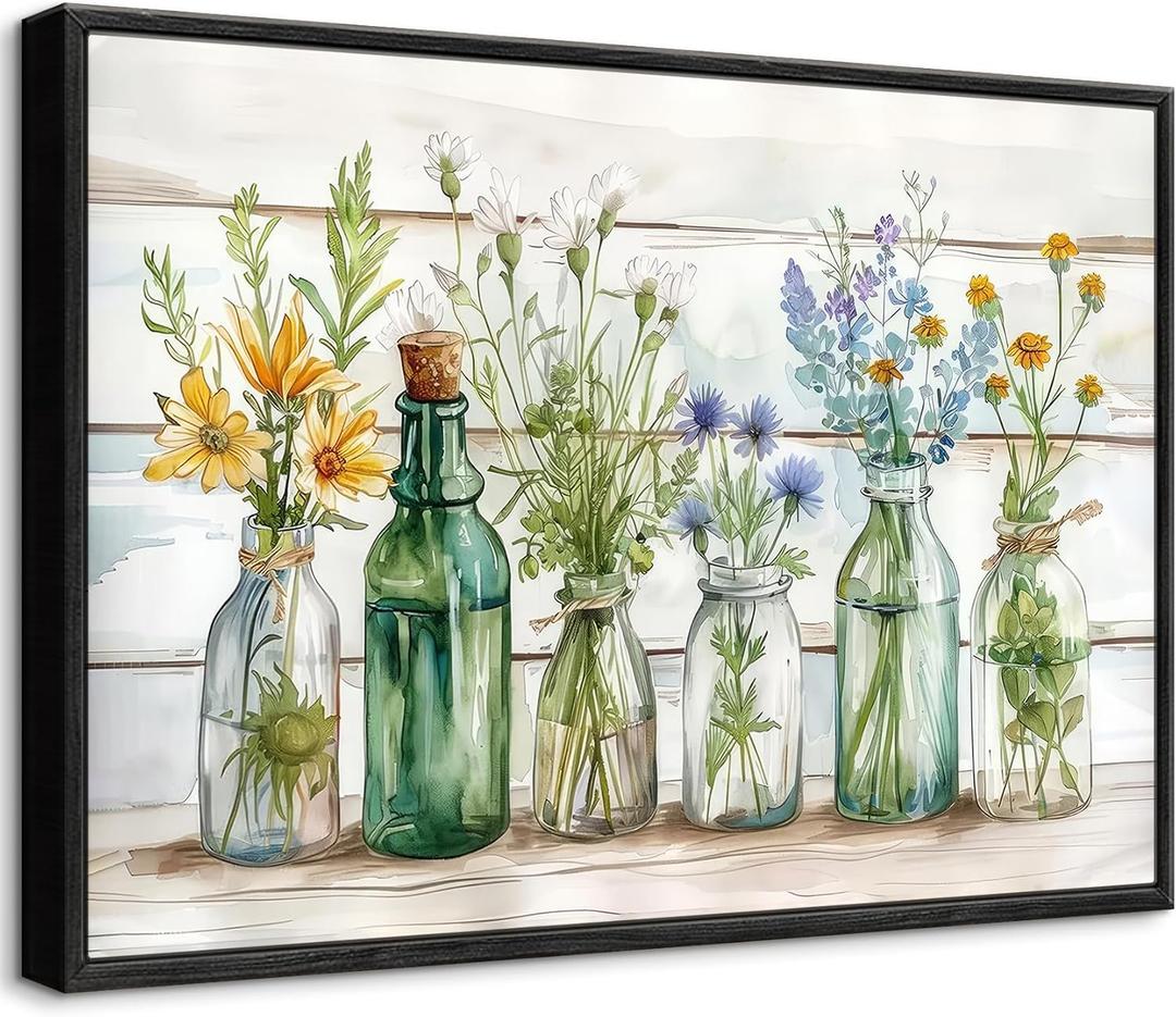 Green Bathroom Canvas Wall Art, Vintage Rustic Farmhouse Botanical Wall Decor, Glass Bottle Watercolor Floral Painting, Sage Green Plant Picture for Bathroom Laundry Room Decor 16x24 inch Frame