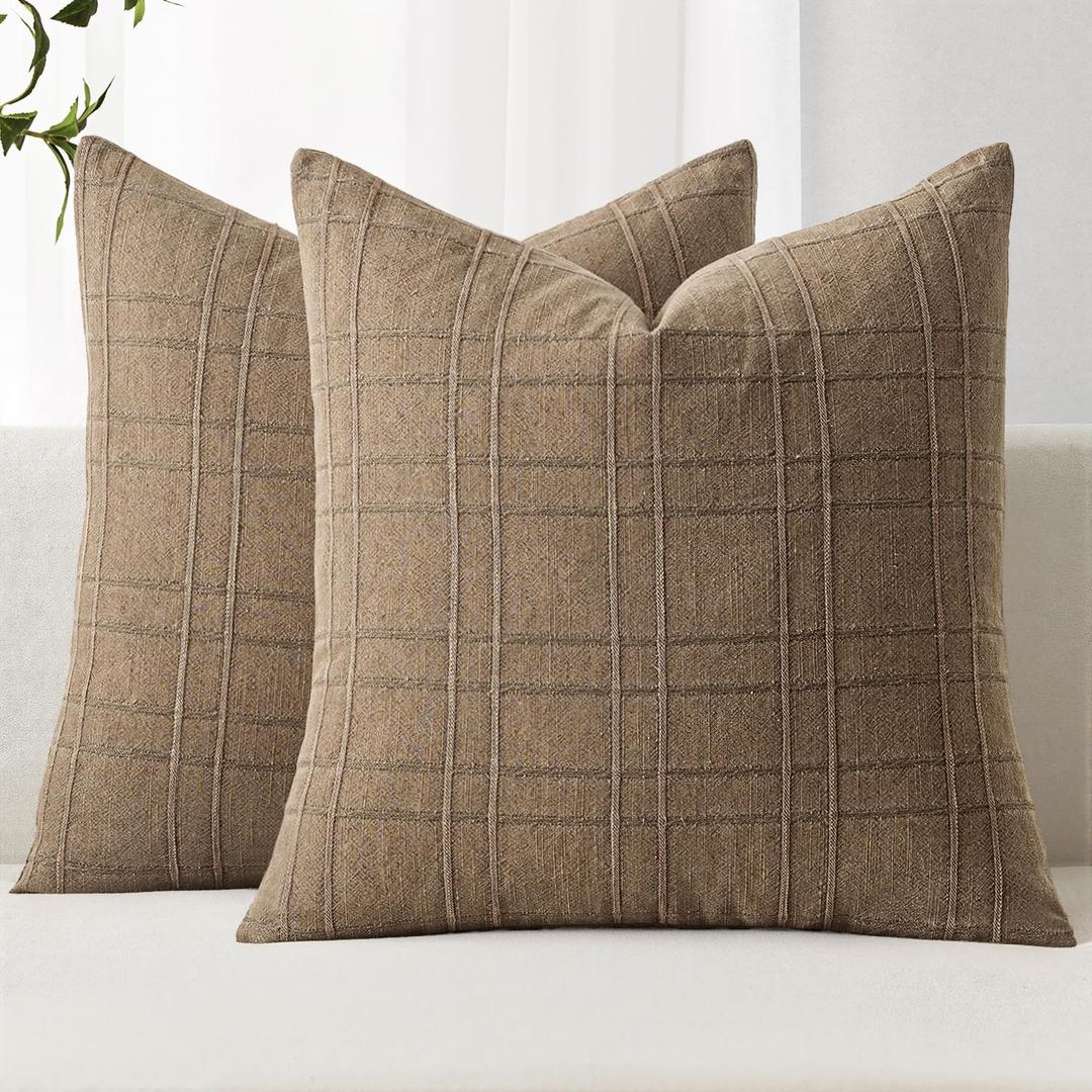 Decorative Linen Check Throw Pillow Covers Neutral Farmhouse Vintage Pillow Covers 20x20 Set of 2 Boho Modern Winter Home Decor for Sofa Couch Bedroom Cushion Light Brown