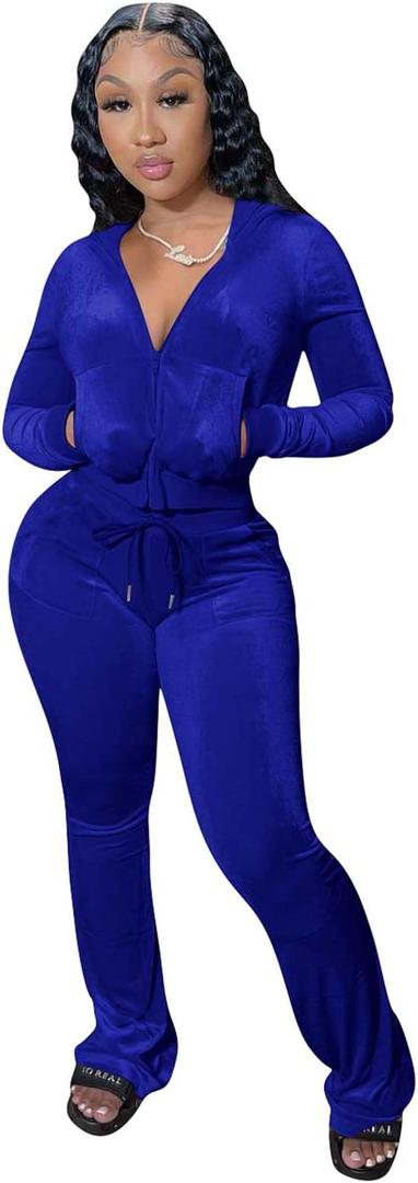 Womens 2 Piece Y2K Velour Tracksuit Set Two Piece Long Leg Sweatsuit for Women, Long Sleeve Velvet Jogging Sets with Zip Up Crop Hoodie & Drawstring Flared Pants Tall Fit Fall Lounge Sportswear Outfit L