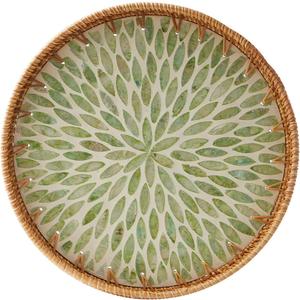 Round Rattan Tray with Mother of Pearl Inlay, Rattan Serving Tray with Wooden Base, Decorative Wicker Basket for Table Decor, Storage and Display of Coffee Bread Food Fruit (Leaf 13.5")
