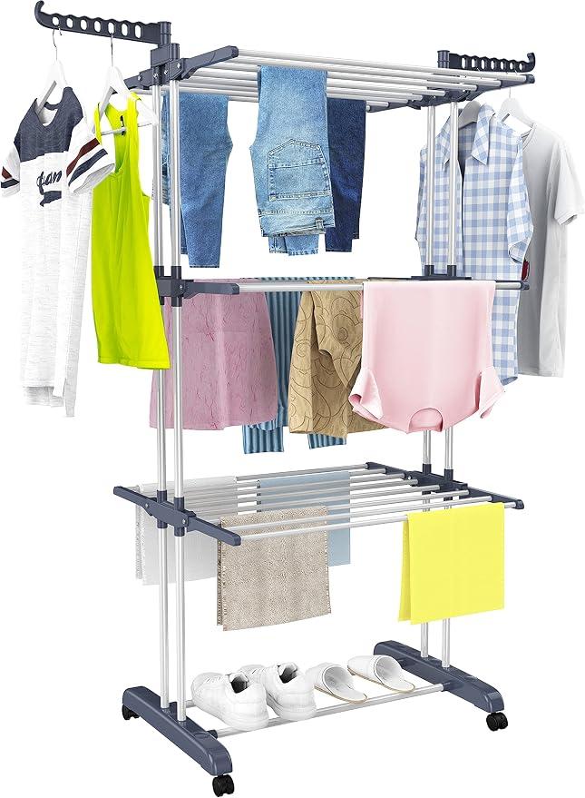 HOMIDEC Clothes Drying Rack, 4-Tier(67.7" H) Foldable Drying Rack Clothing
Foldable Stainless Steel Drying Rack, Movable Laundry Drying Rack with 4 Castors and 14 Hooks for Bed Linen, Clothing, Grey