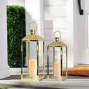 Lanterns Decorative Outdoor Set of 2 19&15.5 Modern Stainless Steel Lanterns with LED Candles Large Decorative Candle Lanterns for Living Room Indoor Outdoor Porch Patio Home Decor (Metallic Gold)