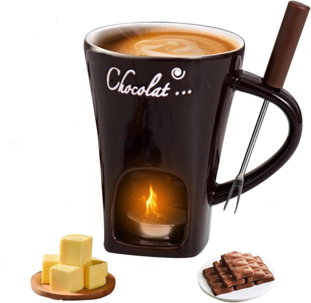 Fondue Cup, Chocolate Melting Fondue Mugs Set of with Forks and Candle, Ceramic Chocolate Melting Cup, Mini Chocolate Fondue Cups Set For Date Night Birthday Wedding Gifts (Coffee)