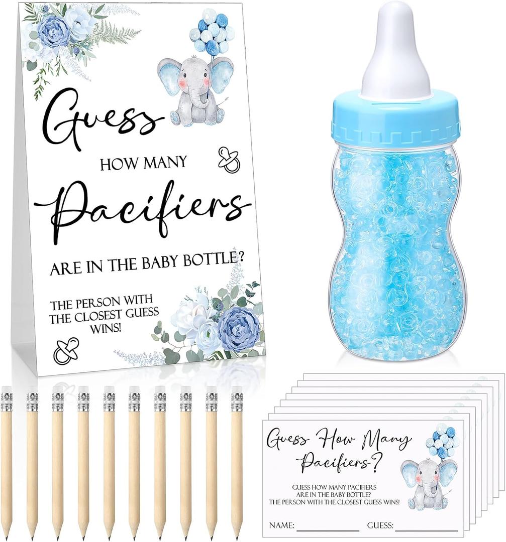 Roowest 512 Pcs Baby Shower Games Guess How Many Pacifiers Sign 100 Small Guessing Games 10 HB Pencils 750ml Milk Bottle 400 Acrylic Pacifiers Decoration for Guest Gender Reveal(Blue,Elephant)