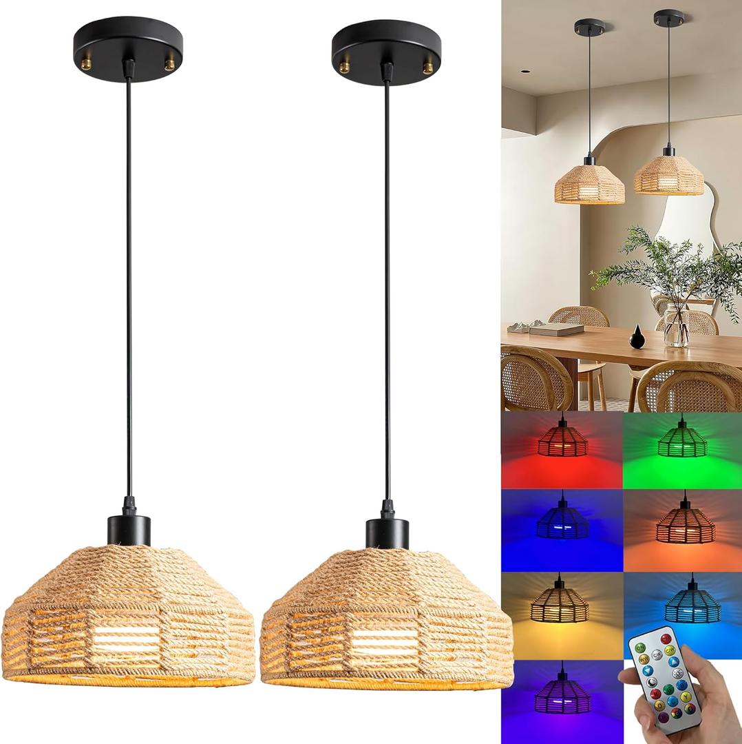 Battery Operated Pendant Light Set Of 2,Rechargeable Hanging Light 50 Hours Long Battery Life, RGB Color-Changing Chandelier Boho Woven Rattan Pendant Light Ideal For Indoor Lighting
