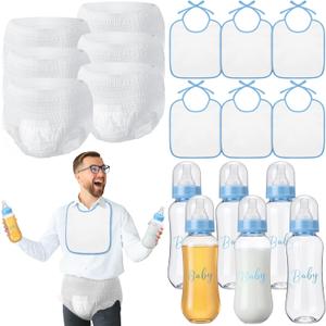 6 Sets Bottle Chug Baby Shower Games Juegos Para Plastic Baby Bottles Bibs Disposable Diapers Gender Reveal Games Baby Changing Diaper Race Game Decoration (Blue)