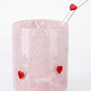 2 Pcs Pink Heart Icon Juice Glass 14 oz Heart Reusable Stemless Icon Drinking Glasses Cups with Straws and Gift Box for Birthday Wedding Party Supplies Gift