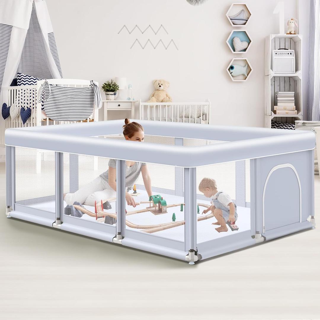 Baby Playpen 74"x50" Play Pens for Babies and Toddlers, Large Play Yards for Indoor & Outdoor with Zipper Gates, Breathable Mesh with Anti-Slip Base (Grey)