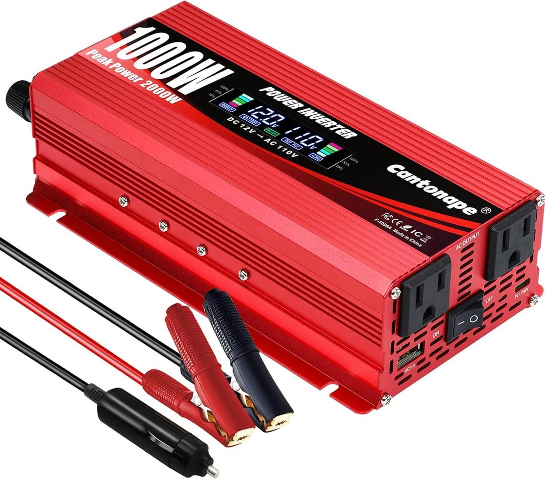 Cantonape 1000W Power Inverter DC 12V to 110V/120V AC Car Inverter with LCD Display, 2 AC Outlets, 3.0A USB and 20W Type-C Car Charger for Vehicles Home Laptop Truck