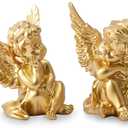 OwMell Set of 2 Cherubs Angels Resin Statue Figurine, Indoor Home Decoration, Adorable Angel Sculpture Memorial Statue 4" - Gold