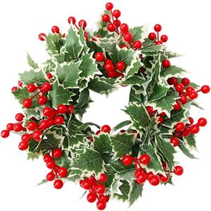 Christmas Holly Wreath, Adorned with red Berries and Variegated Leaves, a Traditional Holiday Door Decoration, Festive Ornamentation. (Green 3)