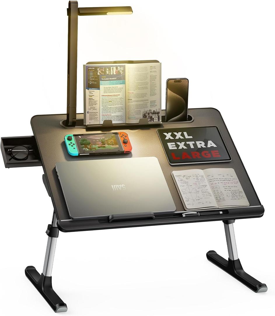 Laptop Bed Tray Desk with LED Desk Light, SAIJI Adjustable Laptop Stand for Bed, XX-Large PVC Leather Foldable Table with Book Stand,Wrist Rest, Extra Leg Room(Black)