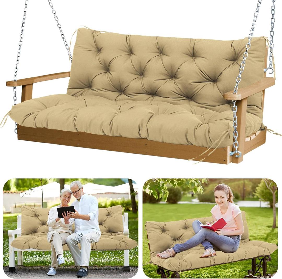 Durable Not Easy to Fade Porch Swing Cushions 60 inch Extra Thick 5 Inch Waterproof Outdoor Swing Cushions 3 Seater Replacement with Backrest & 8 Ties Swing Cushion for Outdoor Furniture Patio(Khaki), 60x40x5inch