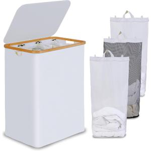 Efluky Laundry Hamper with Lid, Double Laundry Hamper with 2 Removable Bags, 2 Section Laundry Basket with Bamboo Handles for Bathroom, Bedroom & Laundry Room (White, 160L Trio)