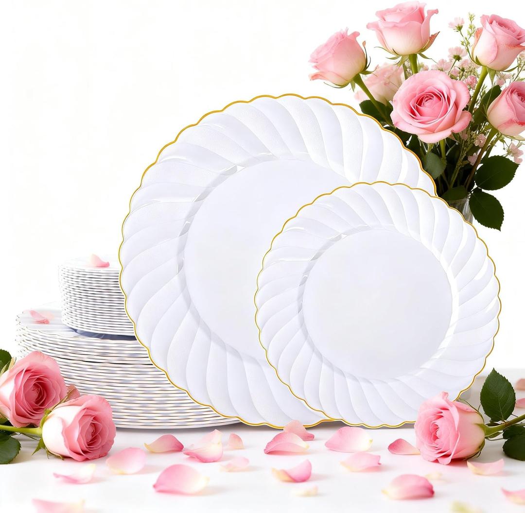 U-QE 60 Pcs White Plastic Plates with Gold Rim  Fancy Scalloped Plates Disposable - Premium Hard Plastic Plates Include 30 10" Dinner & 30 7" Dessert Plate for Party & Valentines Day