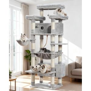 Cat Tree for Indoor Cats Large Adult, 74" Cat Tower with 3 Big Platforms, 2 Baskets, 2 Condos, Multi-Level Cat Scratching Posts, Light Gray GCT030W