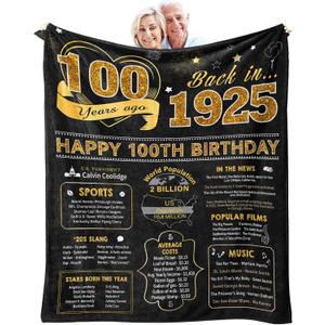 Birthday Gifts for 100 Year Old Woman, 100th Birthday Gifts for Women Men, 100th Birthday Gift Ideas Throw Blanket 60x50 Inch, Happy 100th Birthday Decorations for Women Men, 1925 Birthday Gifts