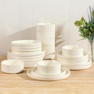 TheTerra Ceramic Dinnerware Sets for 8, 24 Pieces Porcelain Lightweight Plates and Bowls Sets, Scratch Resistant Dish Set, Oven & Microwave & Dishwasher Safe, Beige