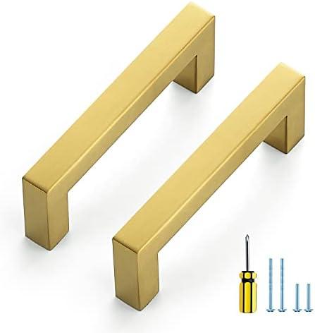 Ravinte 10 Pack Gold Cabinet Pulls 3-1/2 Inch Brushed Brass Kitchen Cabinet Handles Gold Square Kitchen Hardware for Drawer Pulls Come with Screwdriver