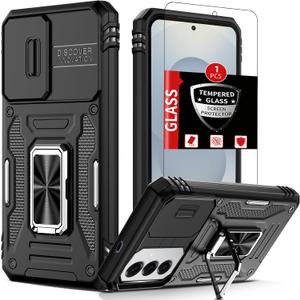for Samsung Galaxy S25 Case with 1 Screen Protector,Built-in Slide Camera Cover+Kickstand Ring for S25 Phone Case Shockproof Anti-Scratch Military-Grade Drop Heavy Duty Protection Black